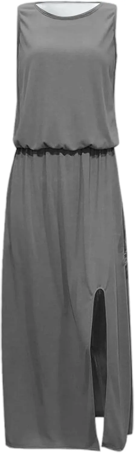 Women's Maxi Dress Summer Tiered Sleeveless Split Dress with Pockets Casual Crew Neck Floor Length Flowy Dresses