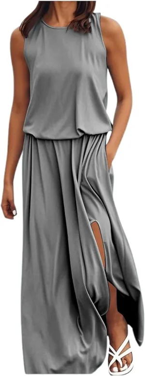 Women's Maxi Dress Summer Tiered Sleeveless Split Dress with Pockets Casual Crew Neck Floor Length Flowy Dresses