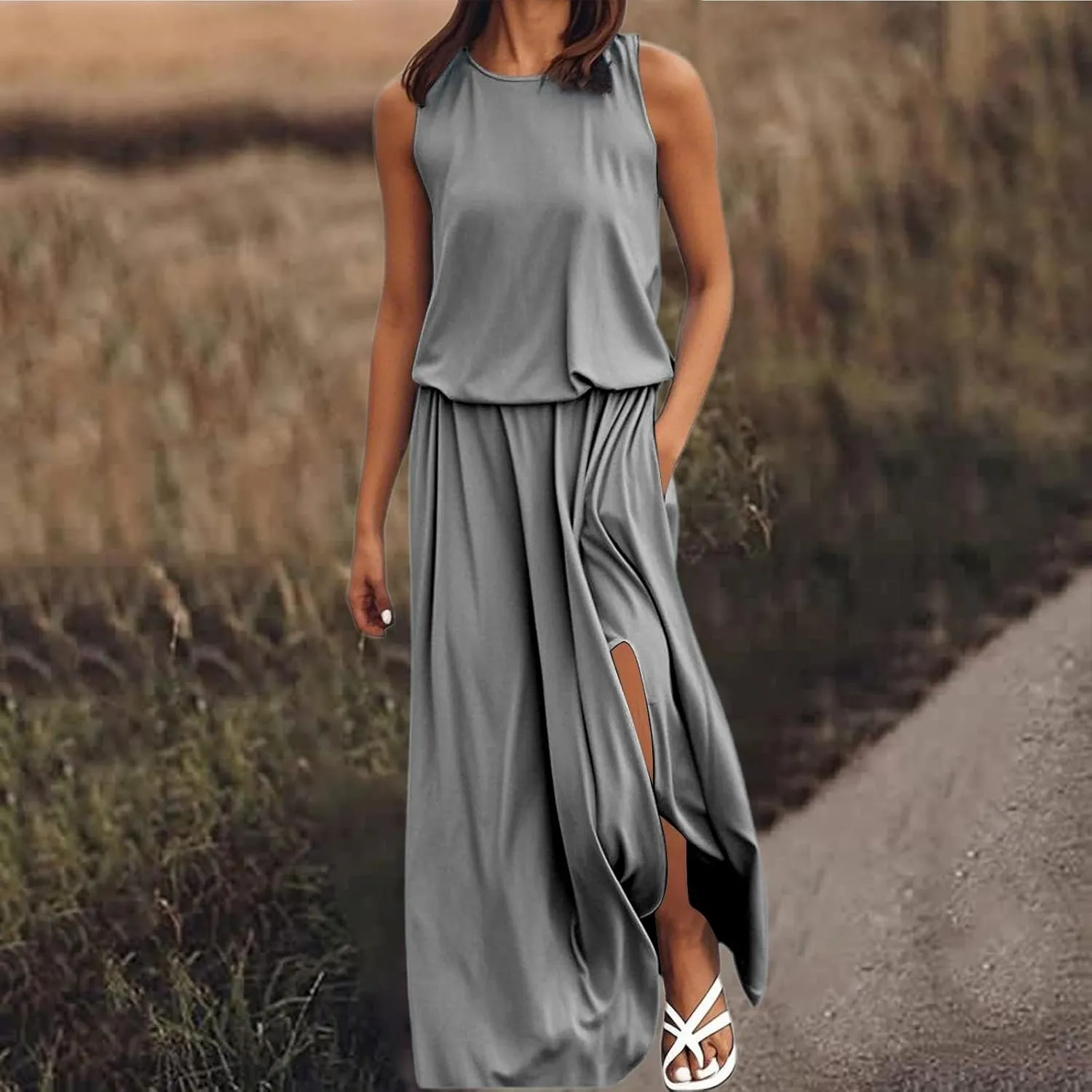 Women's Maxi Dress Summer Tiered Sleeveless Split Dress with Pockets Casual Crew Neck Floor Length Flowy Dresses