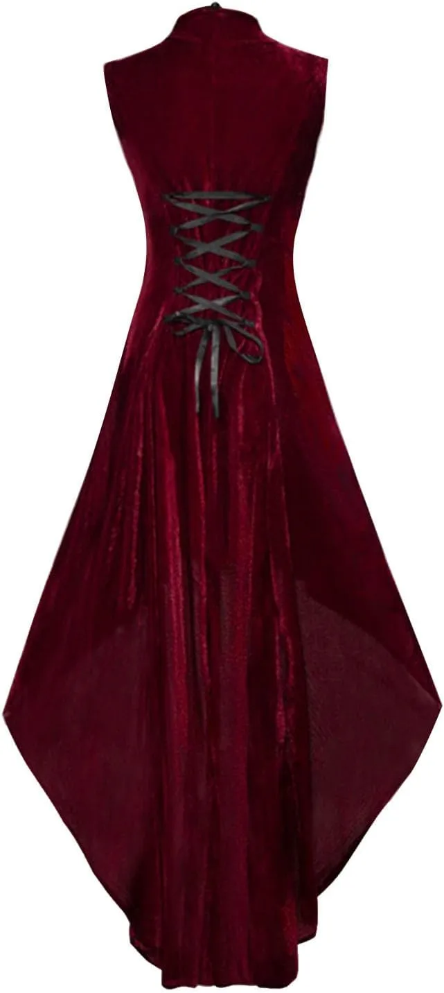 Women's Medieval Retro Gothic Punk Dress Prom Lace Cocktail Velvet Flowy Dresses Sleeveless Lace Up Halloween Dress