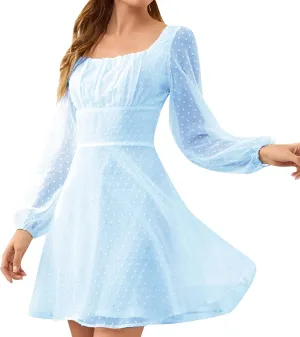 Women's Mini Dresses Fall, Swiss Dot Tiered Mesh Pleated Empire Waist Dress, Square Neck Long Sleeve Bodycon Dresses