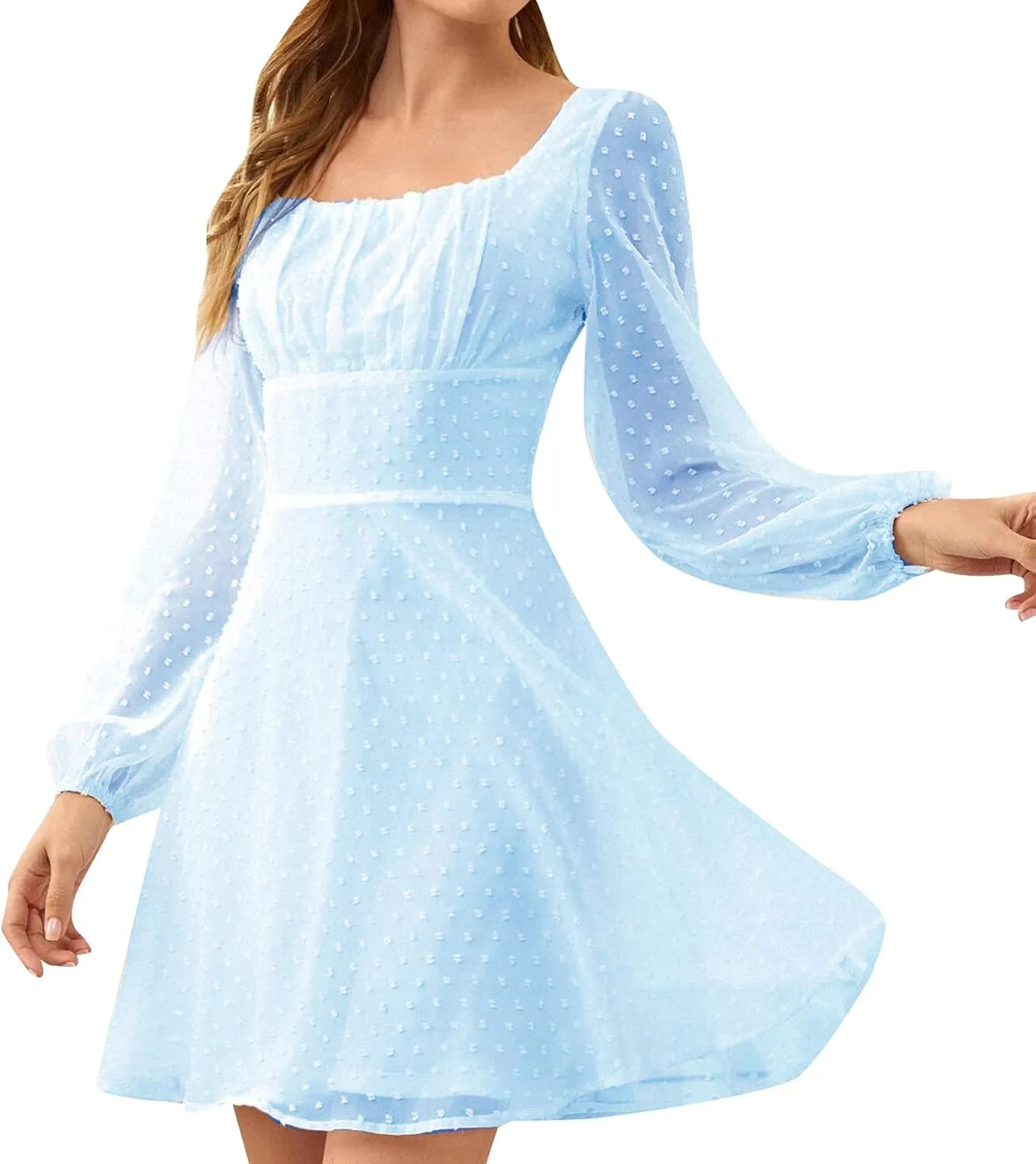 Women's Mini Dresses Fall, Swiss Dot Tiered Mesh Pleated Empire Waist Dress, Square Neck Long Sleeve Bodycon Dresses