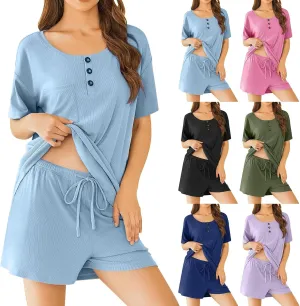 Womens Pajamas Summer 2 Piece Sets Knit Loungewear V Neck Cap Sleeve Workout Sets Biker Shorts Tracksuit