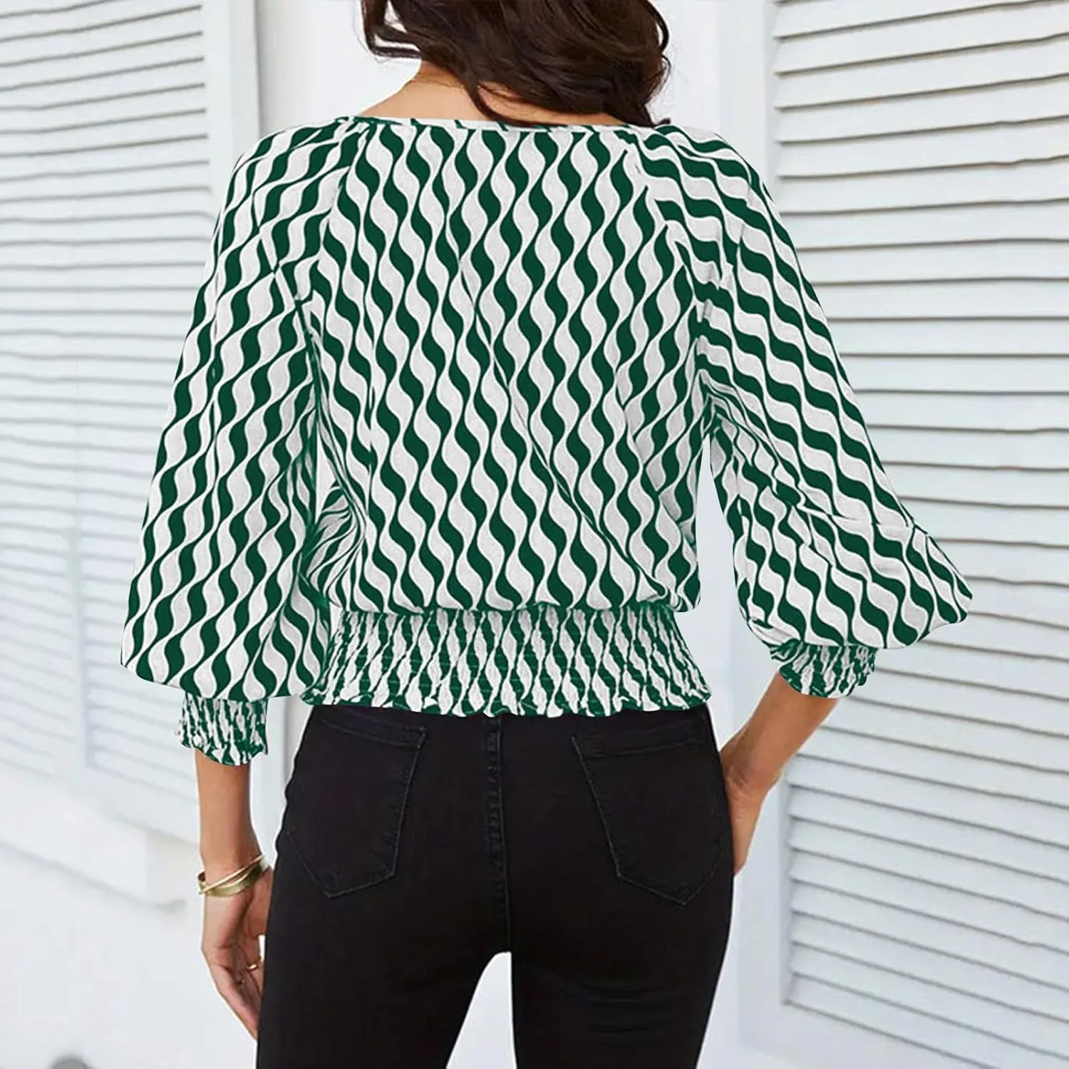 Womens Puff Sleeve Shirts Trendy 3/4 Sleeve Shirts Loose Fit Work Blouses Dressy Casual Elastic Waist Babydoll Tops