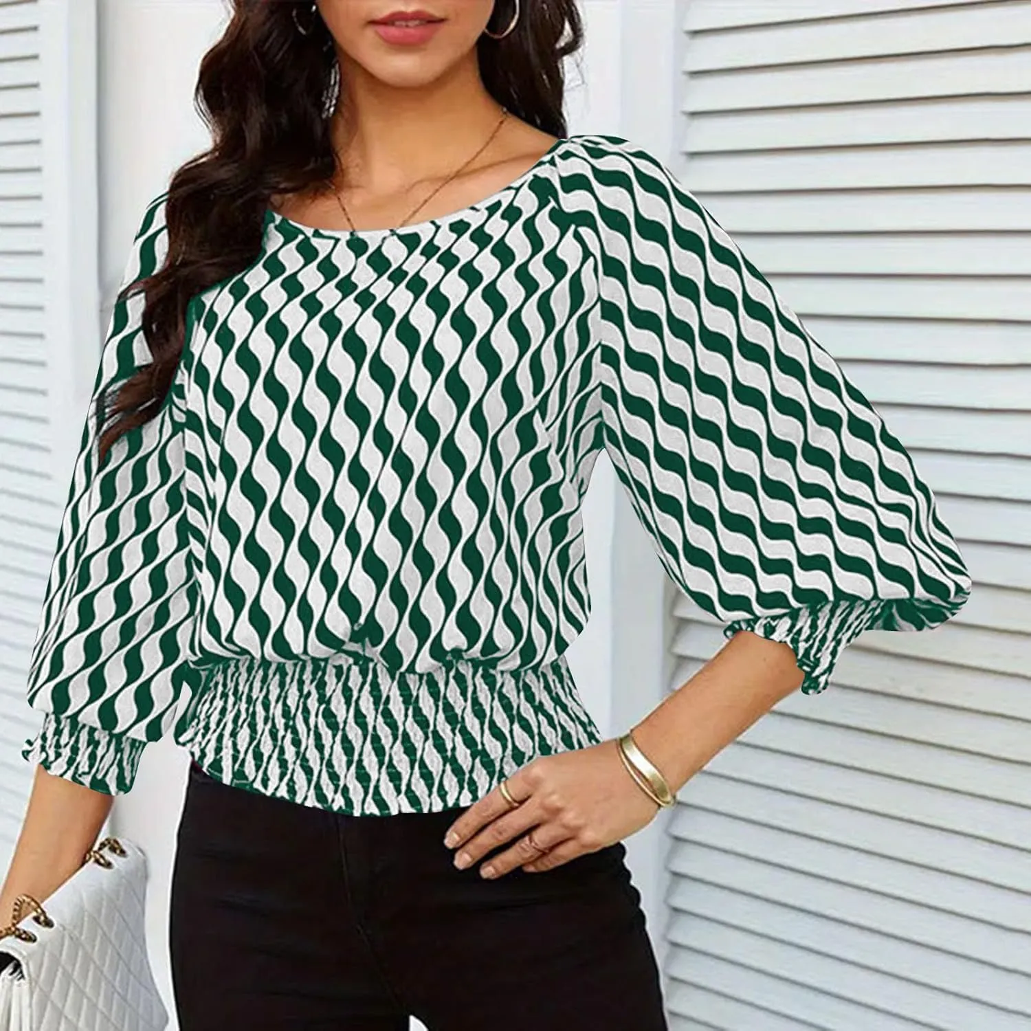 Womens Puff Sleeve Shirts Trendy 3/4 Sleeve Shirts Loose Fit Work Blouses Dressy Casual Elastic Waist Babydoll Tops