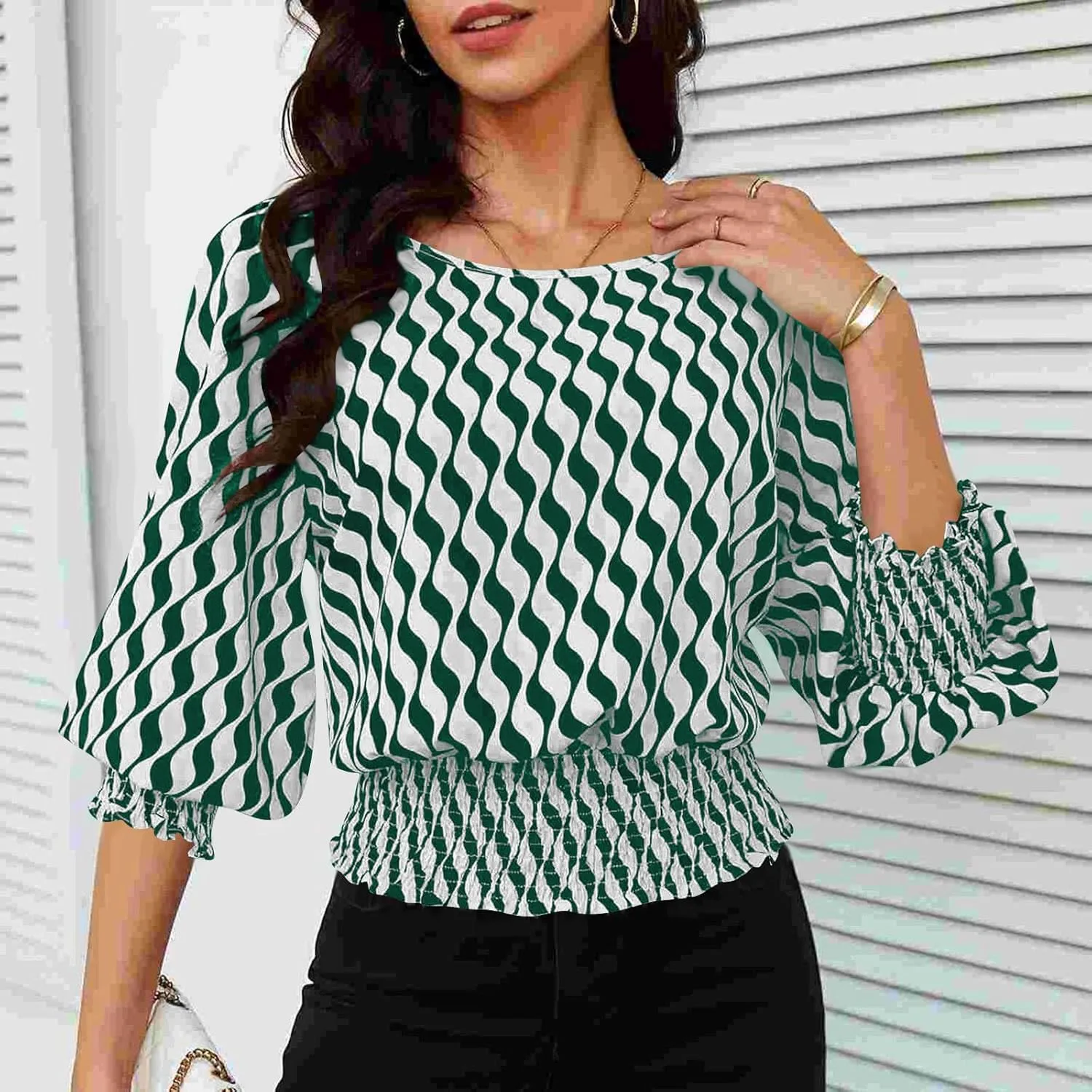 Womens Puff Sleeve Shirts Trendy 3/4 Sleeve Shirts Loose Fit Work Blouses Dressy Casual Elastic Waist Babydoll Tops