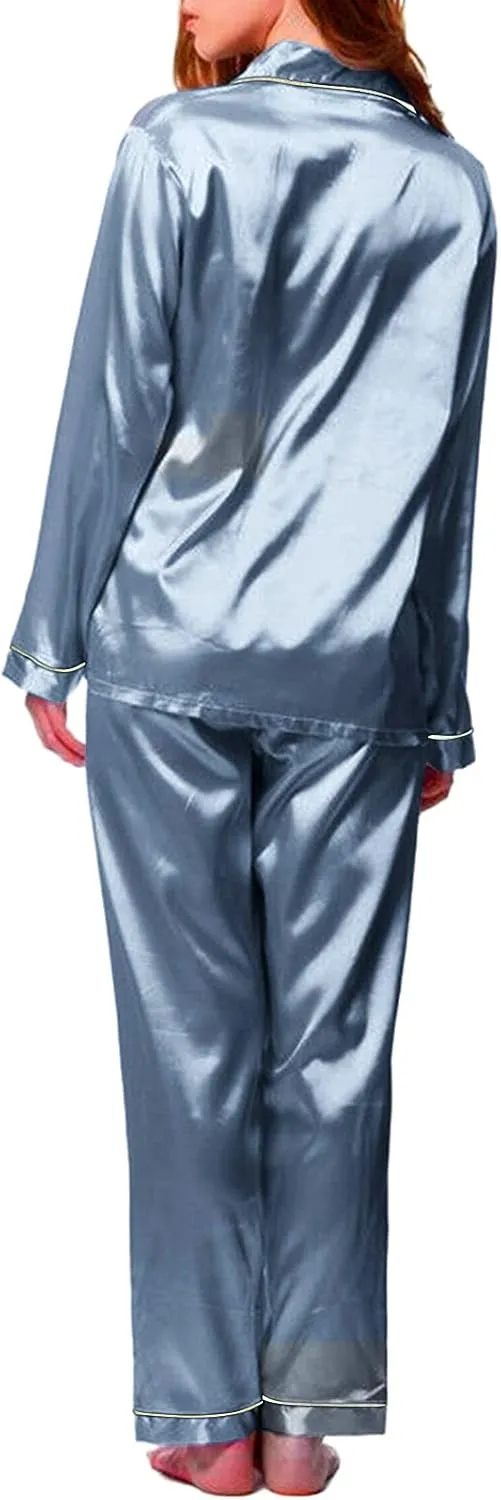 Women's Satin Long Sleeve Button Top & Trouser Pajama Set, Casual Soft Breathable Sleepwear Pj Set