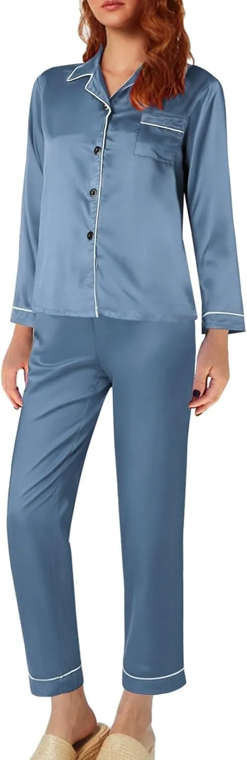 Women's Satin Long Sleeve Button Top & Trouser Pajama Set, Casual Soft Breathable Sleepwear Pj Set