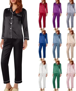 Women's Satin Long Sleeve Button Top & Trouser Pajama Set, Casual Soft Breathable Sleepwear Pj Set