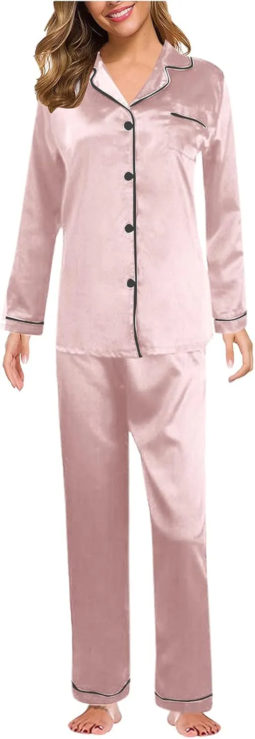 Women's Satin Long Sleeve Button Top & Trouser Pajama Set, Casual Soft Breathable Sleepwear Pj Set