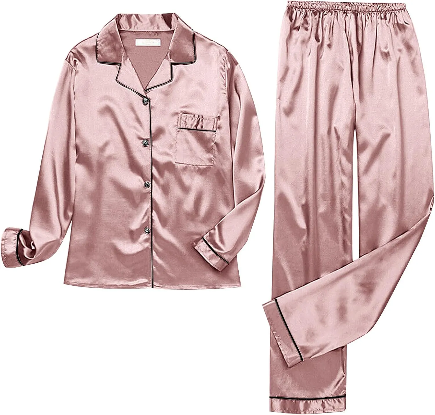 Women's Satin Long Sleeve Button Top & Trouser Pajama Set, Casual Soft Breathable Sleepwear Pj Set