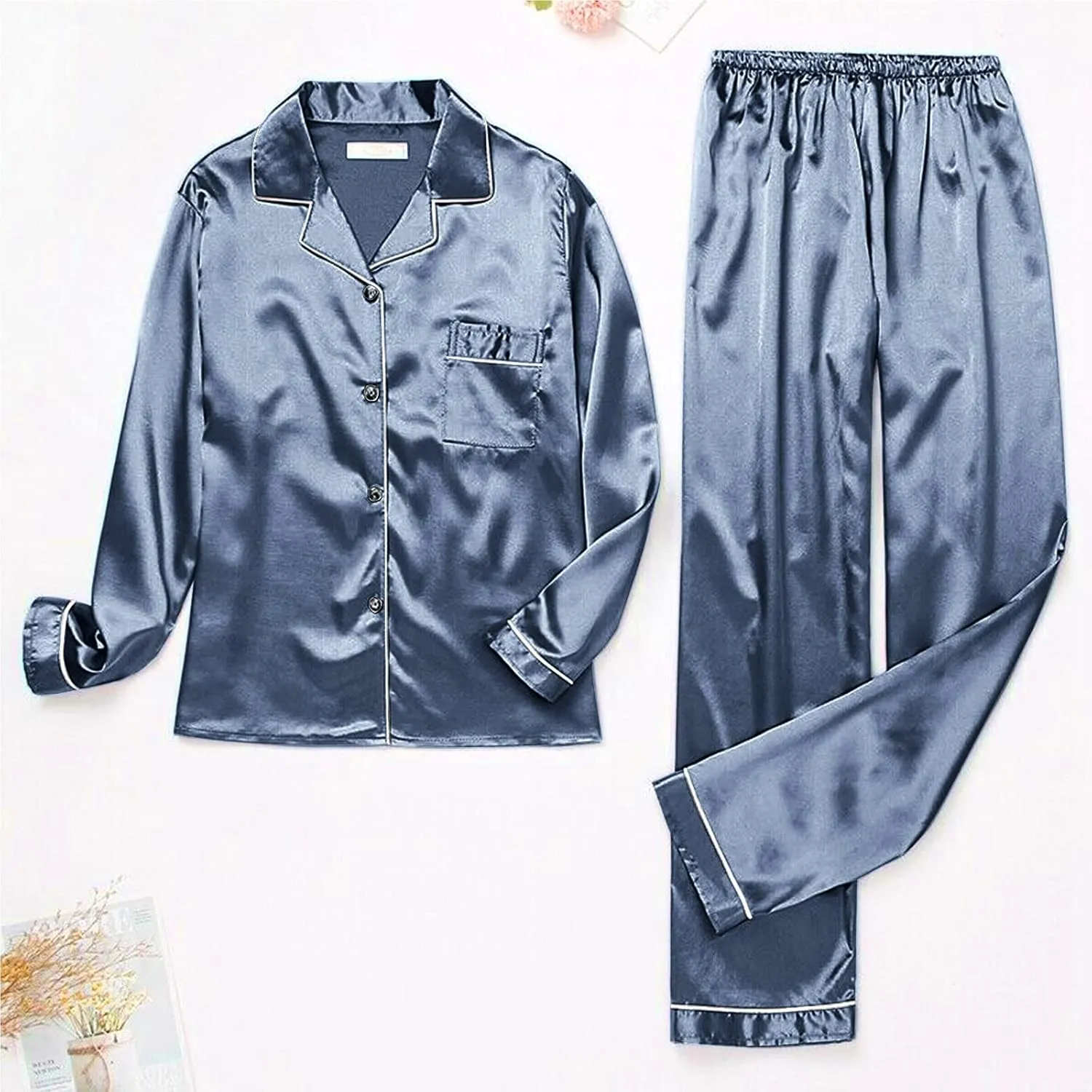 Women's Satin Long Sleeve Button Top & Trouser Pajama Set, Casual Soft Breathable Sleepwear Pj Set