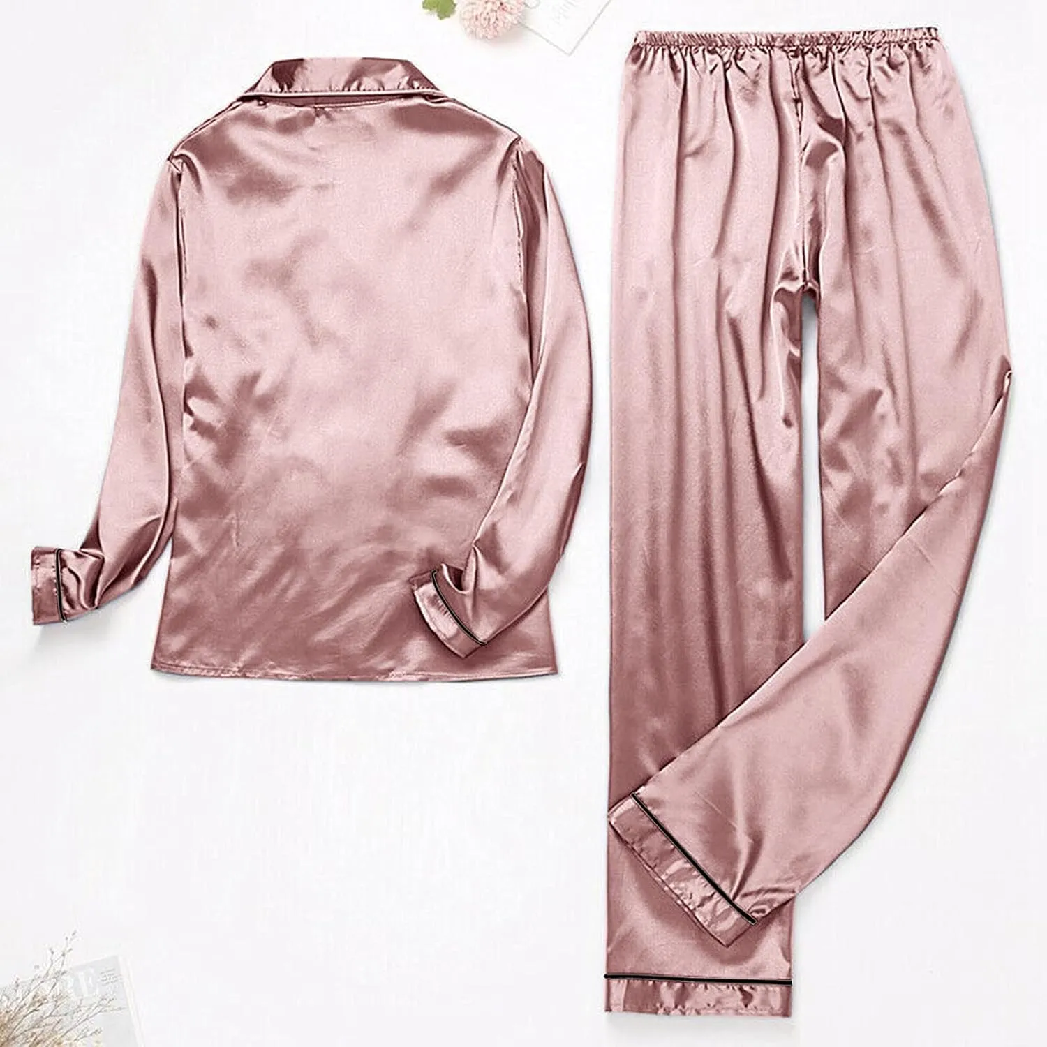 Women's Satin Long Sleeve Button Top & Trouser Pajama Set, Casual Soft Breathable Sleepwear Pj Set