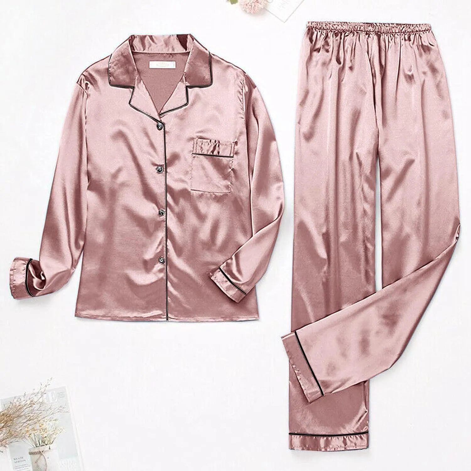 Women's Satin Long Sleeve Button Top & Trouser Pajama Set, Casual Soft Breathable Sleepwear Pj Set