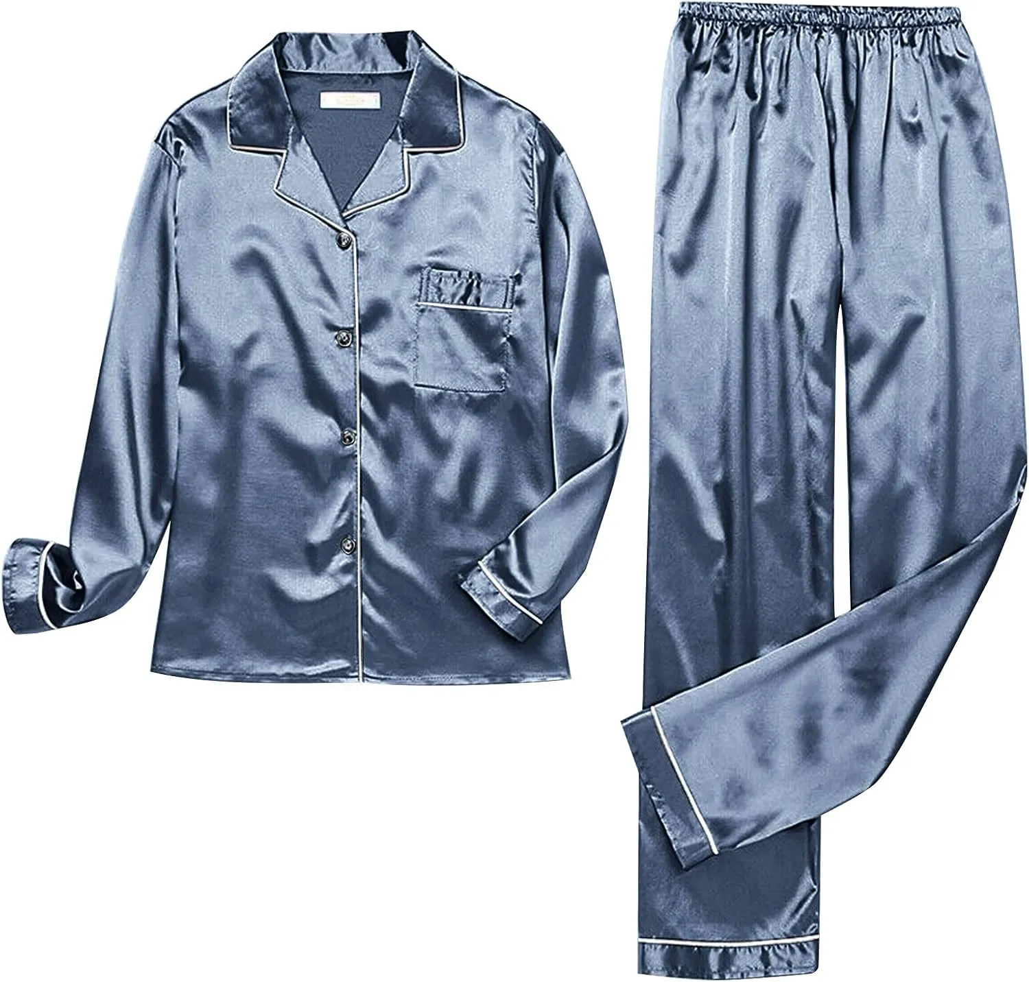 Women's Satin Long Sleeve Button Top & Trouser Pajama Set, Casual Soft Breathable Sleepwear Pj Set