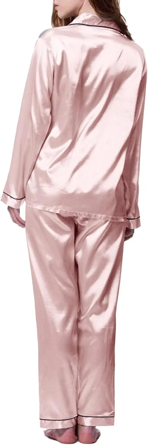 Women's Satin Long Sleeve Button Top & Trouser Pajama Set, Casual Soft Breathable Sleepwear Pj Set