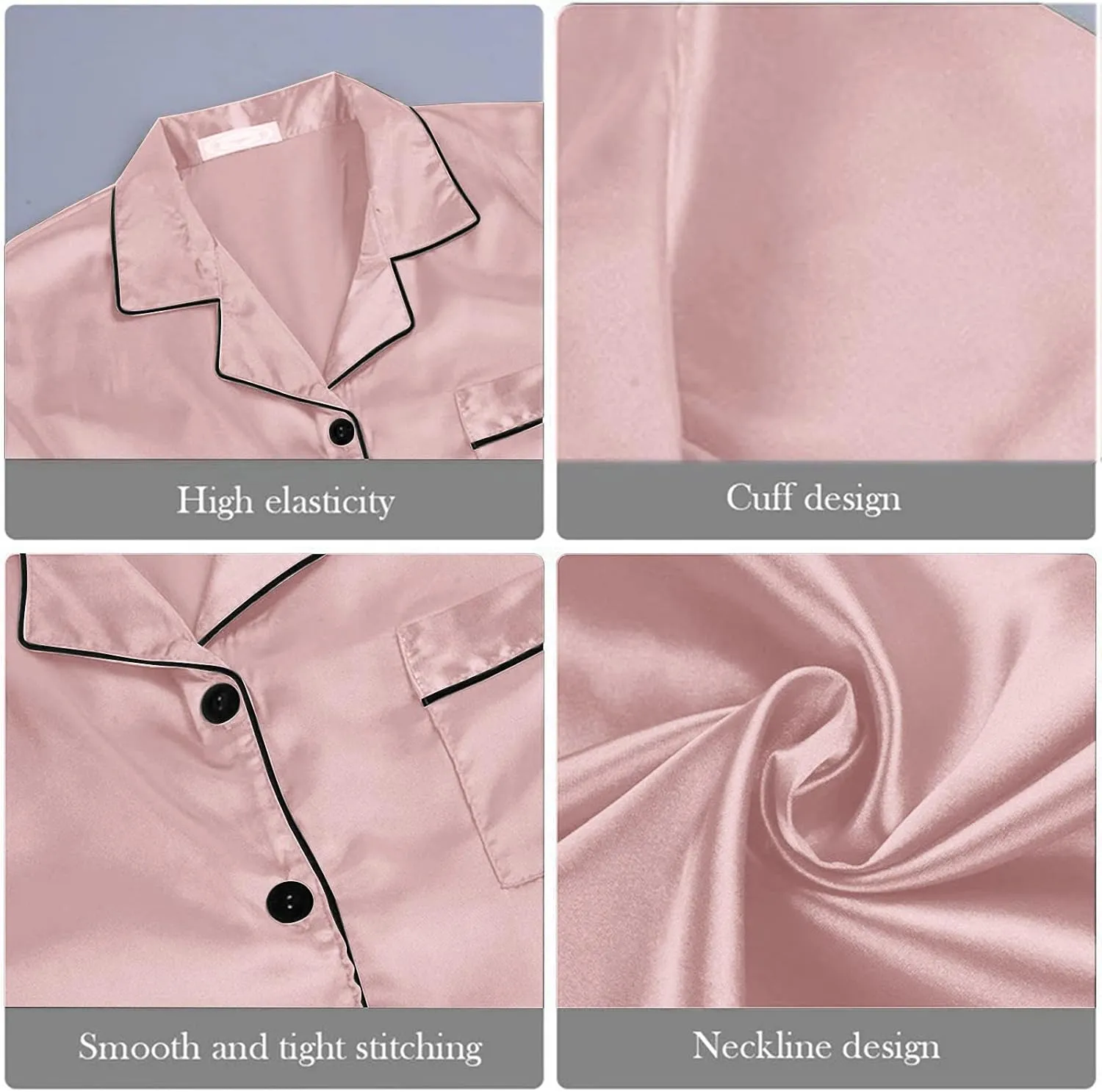 Women's Satin Long Sleeve Button Top & Trouser Pajama Set, Casual Soft Breathable Sleepwear Pj Set