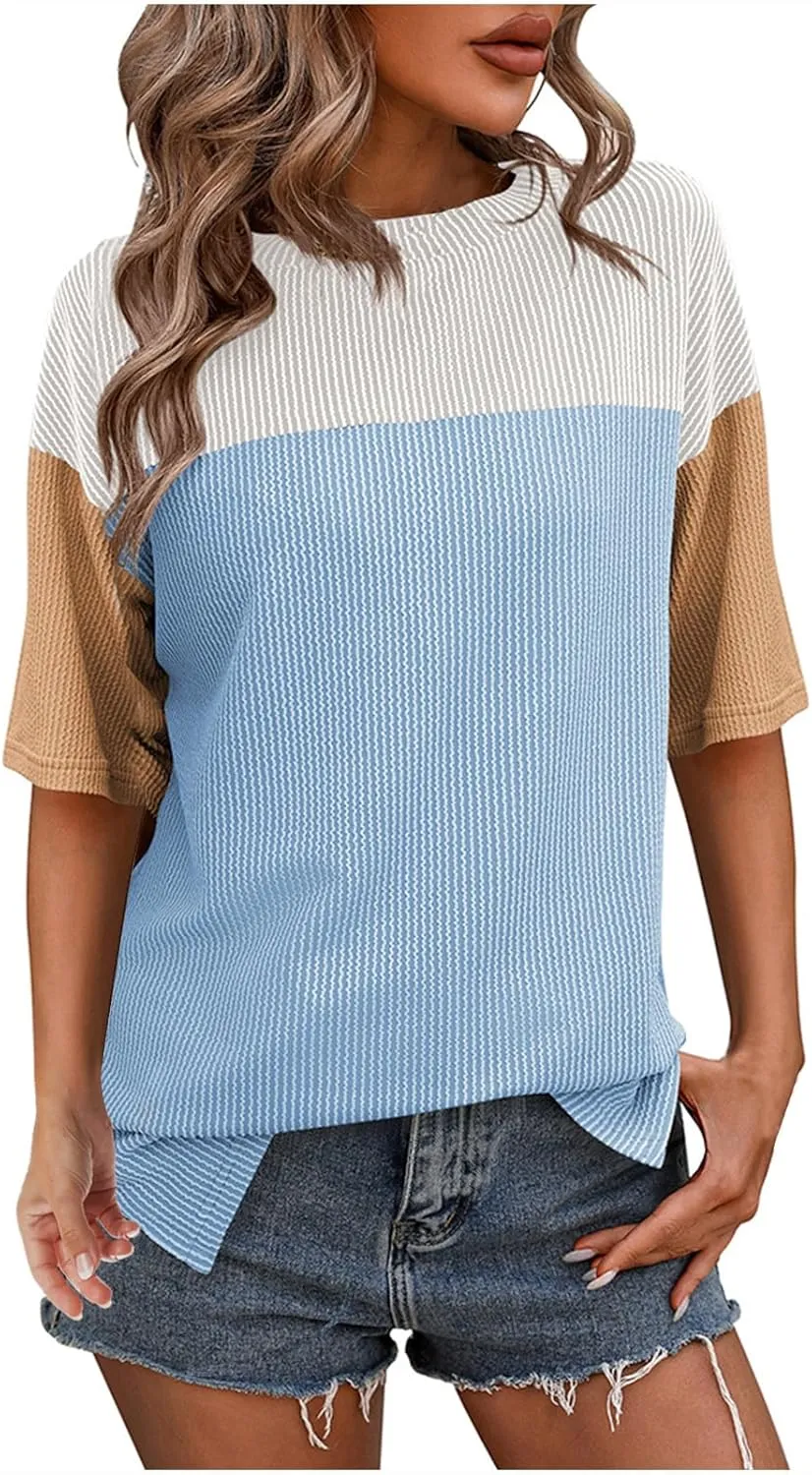 Womens Summer Casual Ribbed Knit Shirts Fashion Colorblocking Tops Blouse Short-Sleeved Round Neck Blouse
