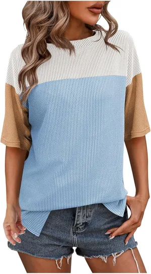 Womens Summer Casual Ribbed Knit Shirts Fashion Colorblocking Tops Blouse Short-Sleeved Round Neck Blouse