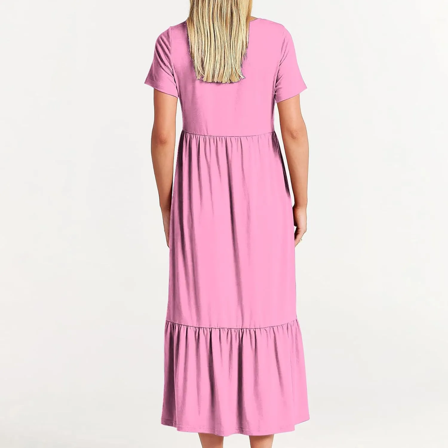 Womens Summer Short Sleeve Crewneck Shirt Dress Casual Flowy Tiered Maxi Beach Sundress with Pockets Elegant Long Dresses
