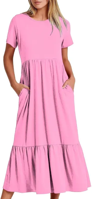 Womens Summer Short Sleeve Crewneck Shirt Dress Casual Flowy Tiered Maxi Beach Sundress with Pockets Elegant Long Dresses
