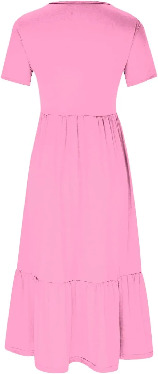 Womens Summer Short Sleeve Crewneck Shirt Dress Casual Flowy Tiered Maxi Beach Sundress with Pockets Elegant Long Dresses