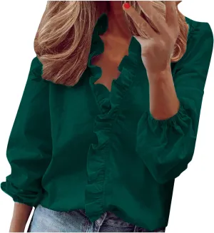 Womens Tops Long Sleeve Loose Fit Ruffle Hem V Neck Solid Button Down Shirt Causal Dressy Blouse Fall Outfits Clothes