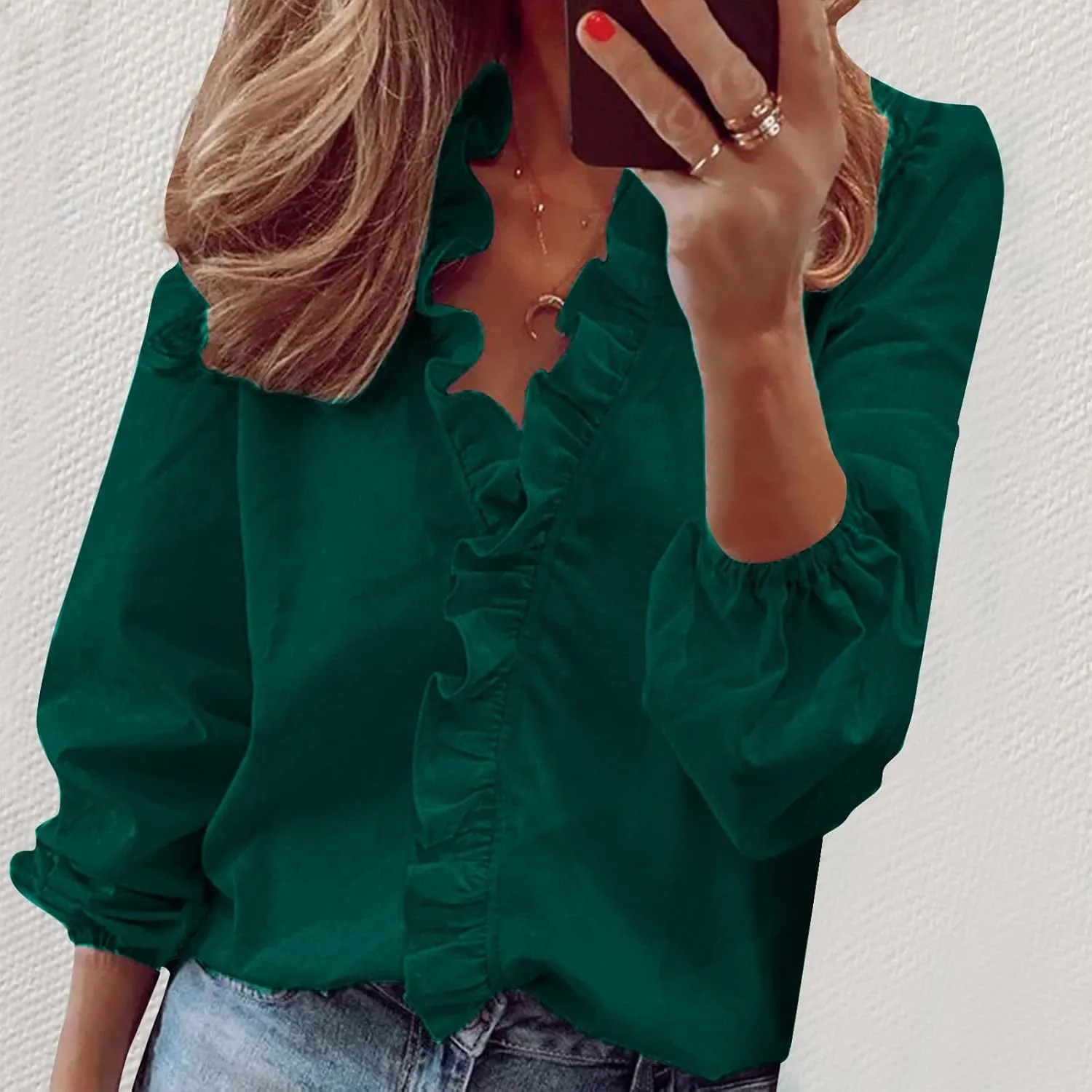 Womens Tops Long Sleeve Loose Fit Ruffle Hem V Neck Solid Button Down Shirt Causal Dressy Blouse Fall Outfits Clothes