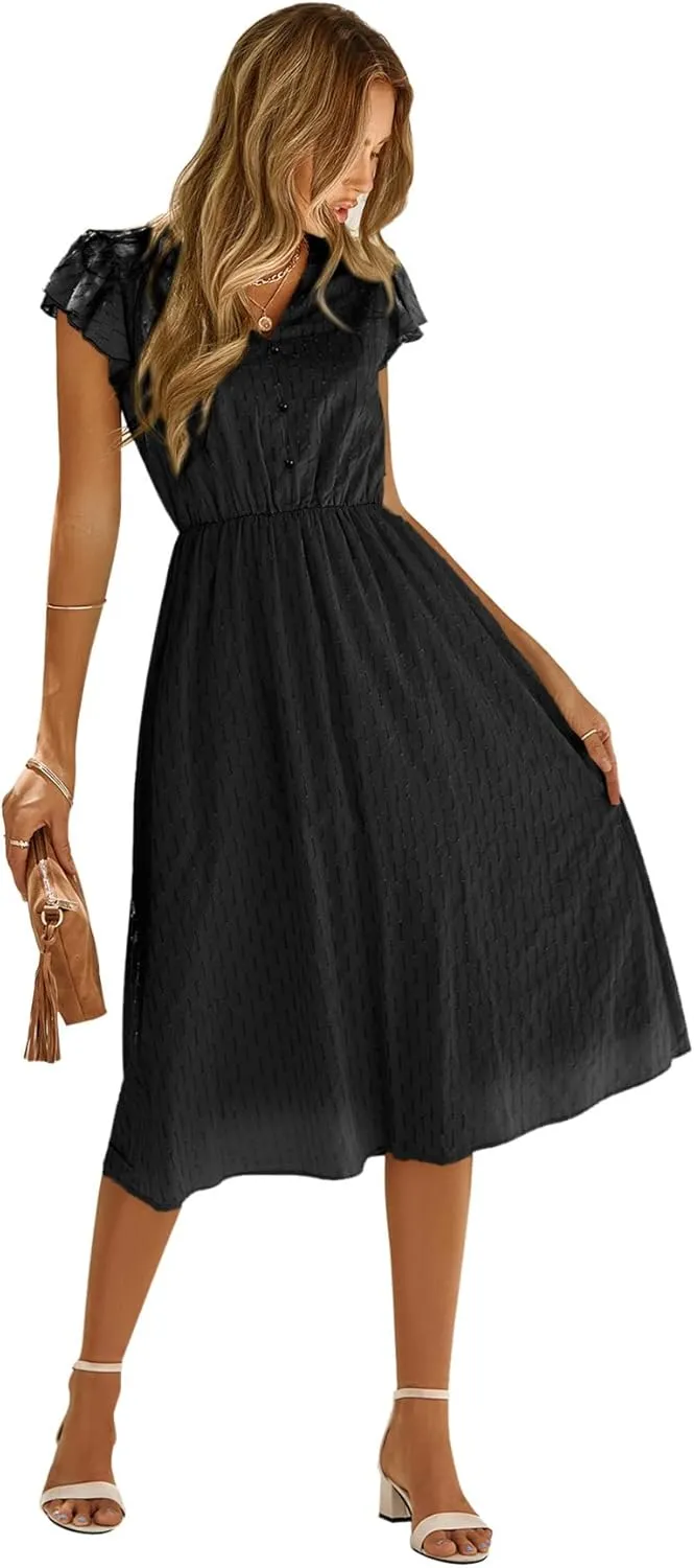 Womens V Neck Short Sleeve Dresses Solid Color Casual Ruffle A Line Midi Dress Flowy Beach Dresses with Button