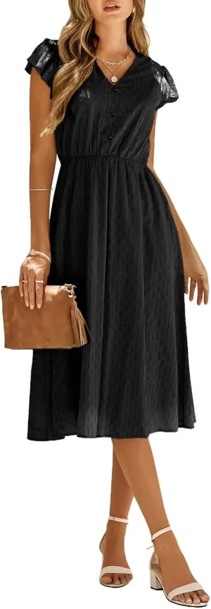 Womens V Neck Short Sleeve Dresses Solid Color Casual Ruffle A Line Midi Dress Flowy Beach Dresses with Button