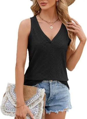 Women's V Neck Tank Tops Summer Sleeveless Solid Color Casual Basic T-Shirt Classic Fit Vest Tees Cute Tunic Shirts