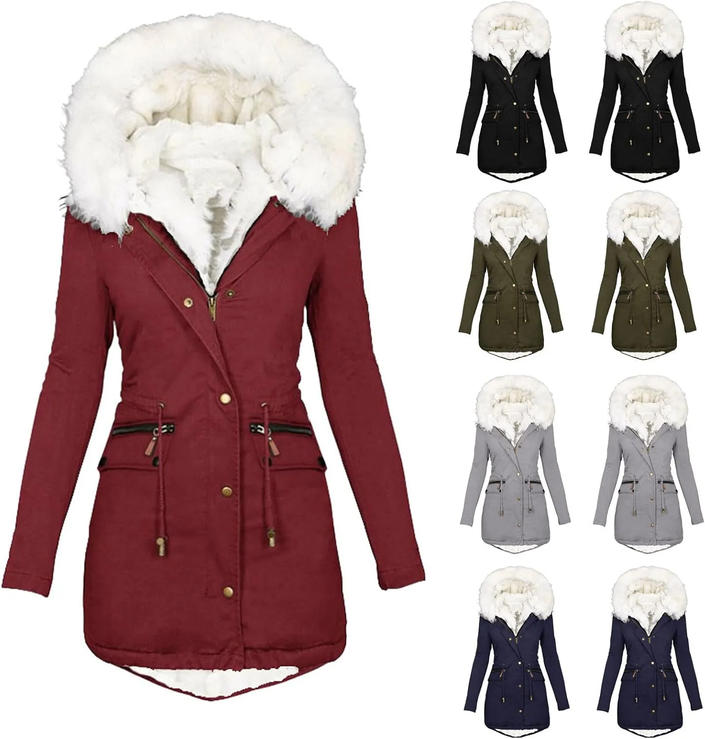 Womens Warm Winter Coats Thicken Faux Wool Lined Jacket Puffer Parka Hooded Jacket Mid Length Padded Down Snow Coats