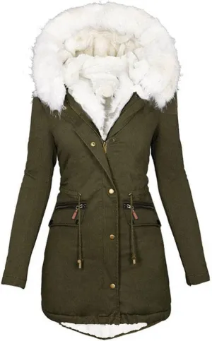 Womens Warm Winter Coats Thicken Faux Wool Lined Jacket Puffer Parka Hooded Jacket Mid Length Padded Down Snow Coats