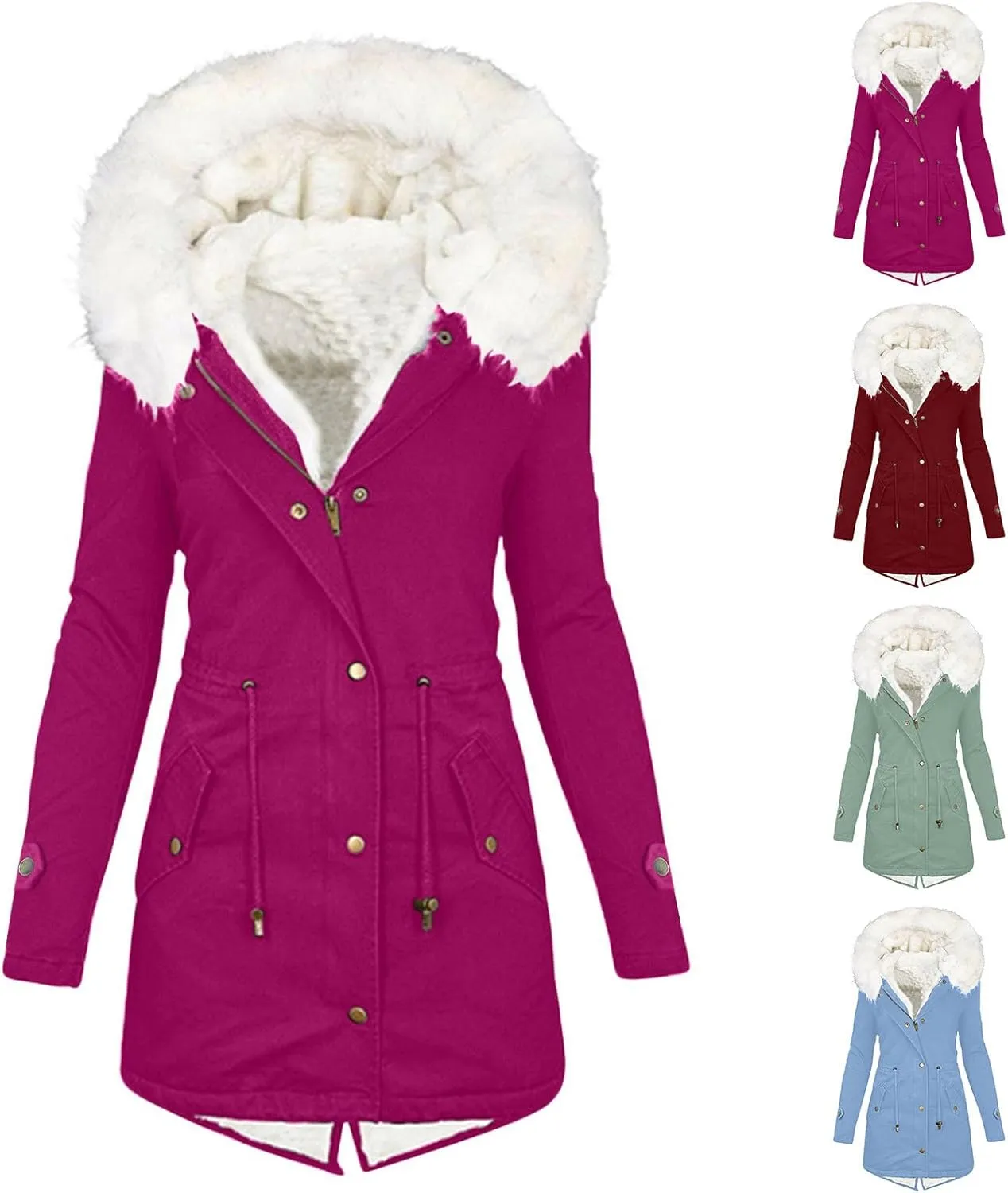 Womens Warm Winter Coats Thicken Faux Wool Lined Jacket Puffer Parka Hooded Jacket Mid Length Padded Down Snow Coats