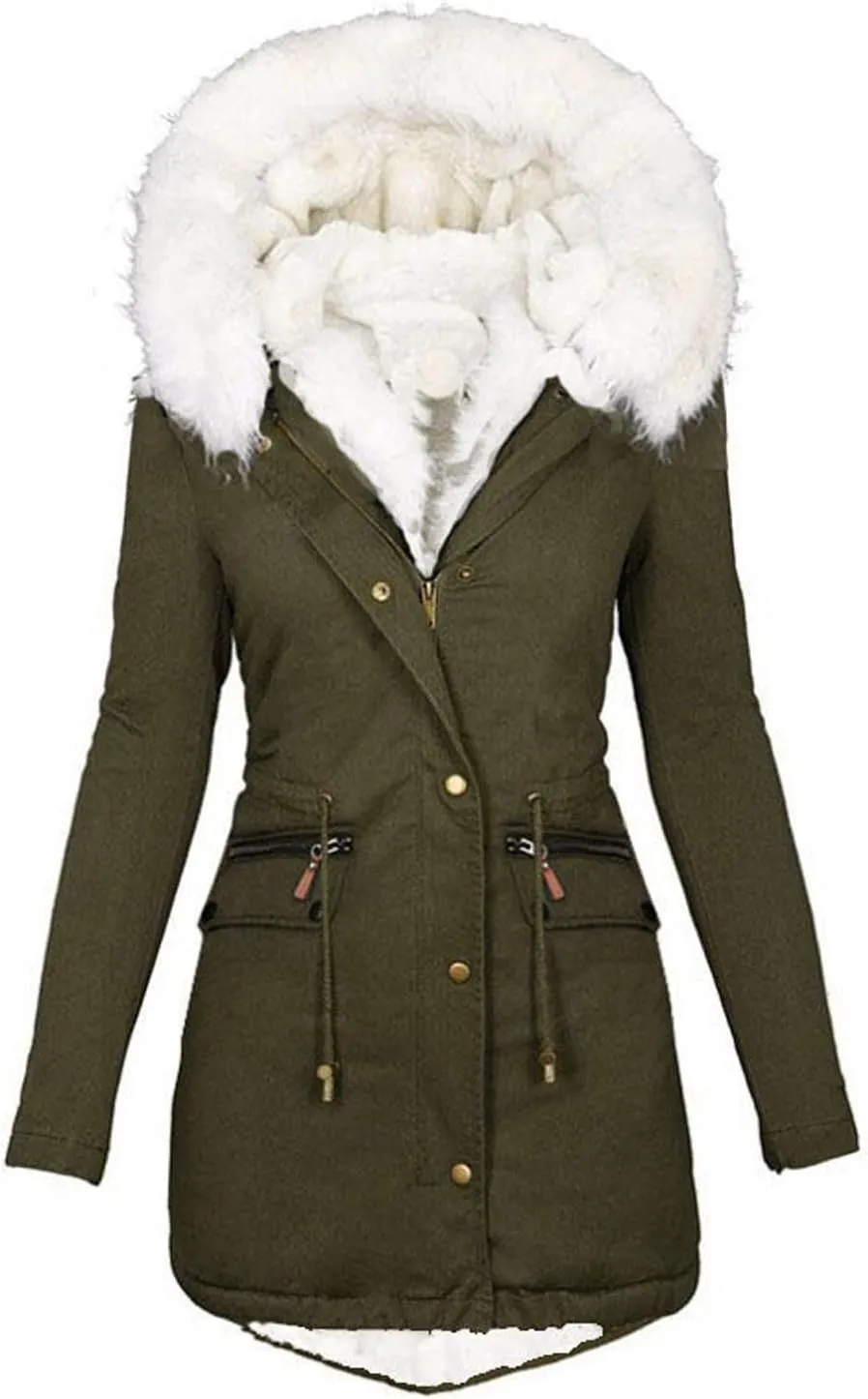 Womens Warm Winter Coats Thicken Faux Wool Lined Jacket Puffer Parka Hooded Jacket Mid Length Padded Down Snow Coats