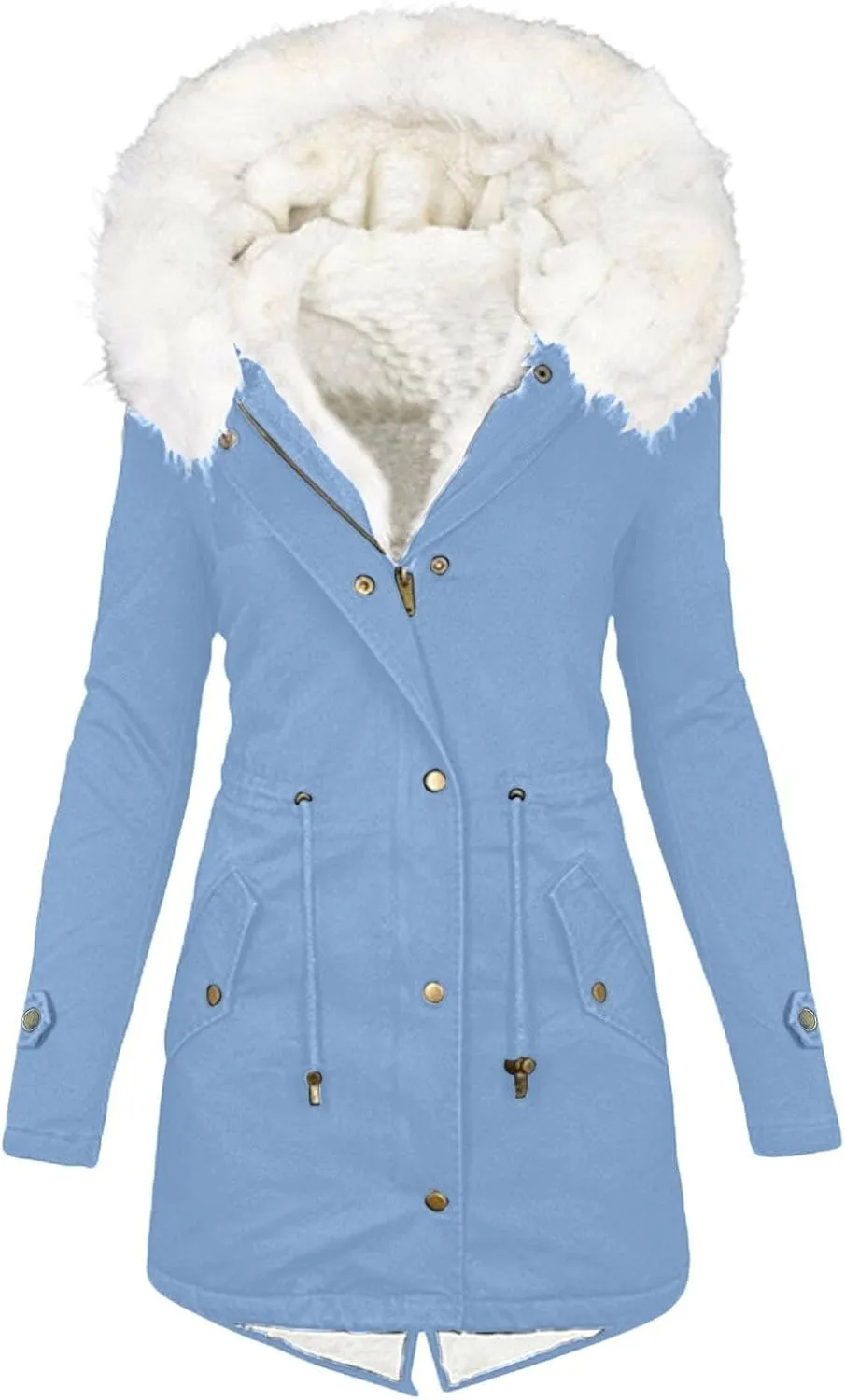 Womens Warm Winter Coats Thicken Faux Wool Lined Jacket Puffer Parka Hooded Jacket Mid Length Padded Down Snow Coats