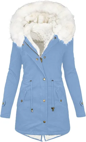 Womens Warm Winter Coats Thicken Faux Wool Lined Jacket Puffer Parka Hooded Jacket Mid Length Padded Down Snow Coats