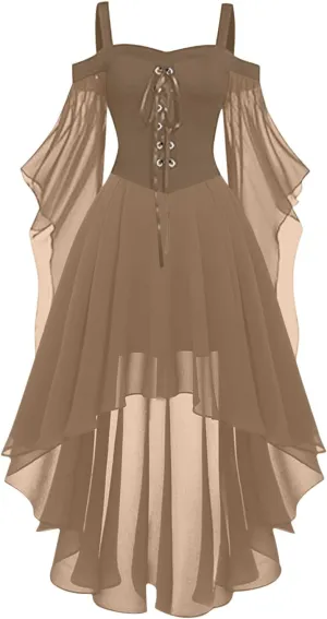 Women's Witch Dresses Renaissance Medieval Vampire Costume Halloween Cosplay Butterfly Sleeve Mesh Gothic Dress Gowns