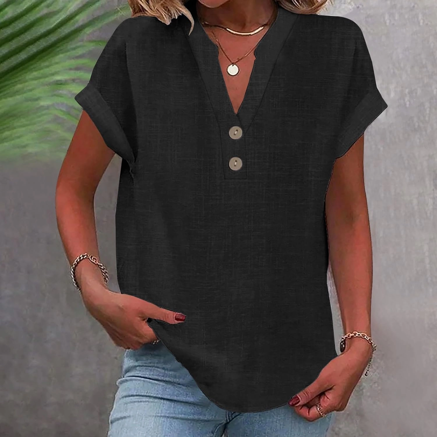 Womens Cotton Linen Blouse Short Sleeve Button V Neck Henley Shirts Lightweight Loose Fit Comfy Casual Summer T Shirt