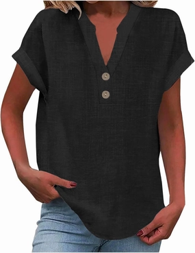 Womens Cotton Linen Blouse Short Sleeve Button V Neck Henley Shirts Lightweight Loose Fit Comfy Casual Summer T Shirt