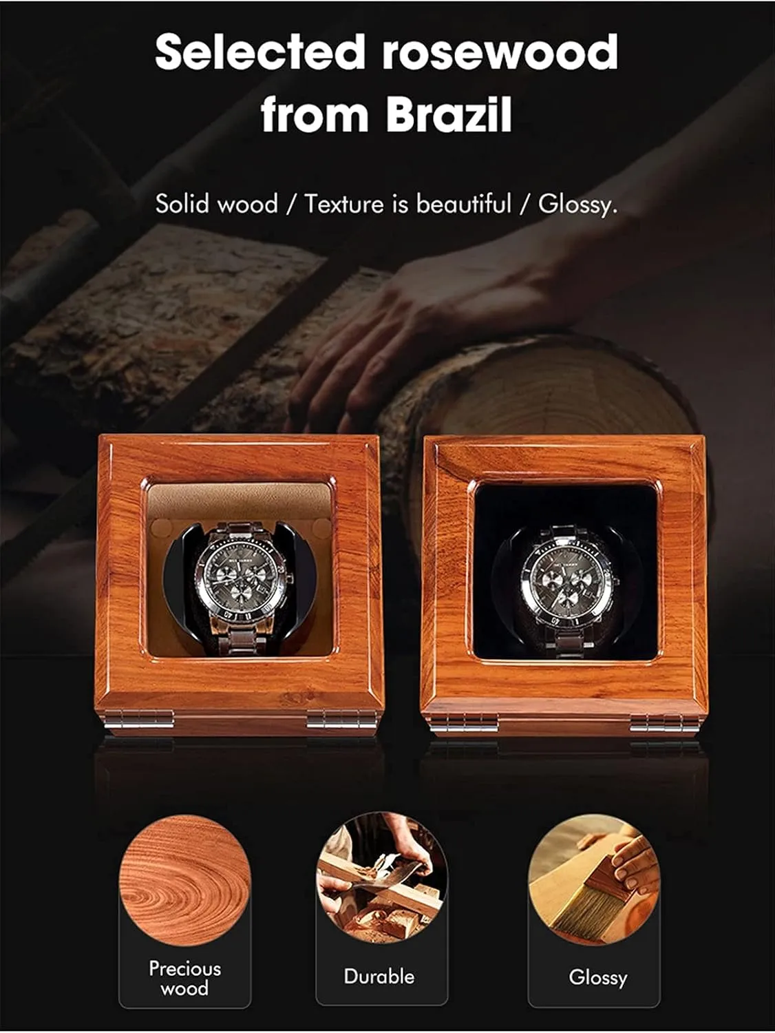 Wood Watch Winder Piano Finish Exterior and Soft Flexible Watch Pillows Automatic Watch Winder Box 3 Winding Spaces (Black 1 0)