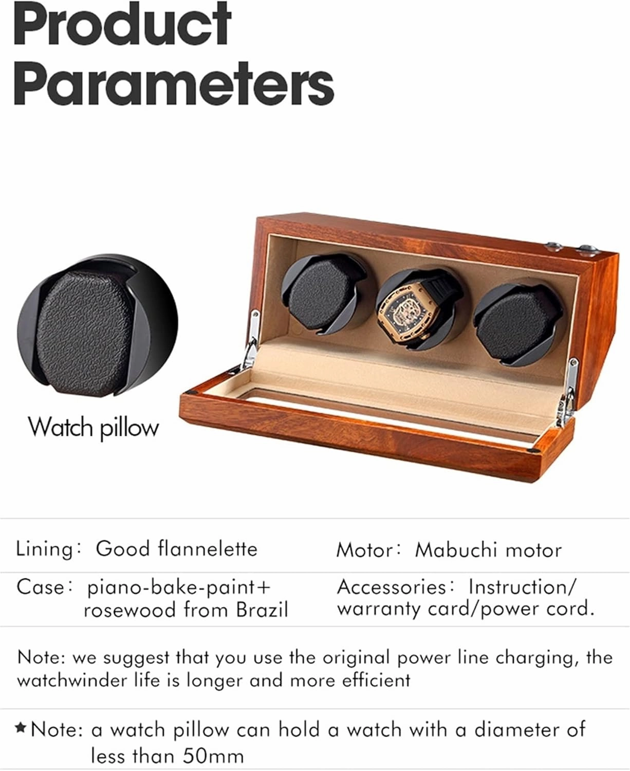 Wood Watch Winder for 3 Automatic Watches with Three Dimensional Watch Pillows Suitable for Wrist from 28 to 50mm (Black 3 0)