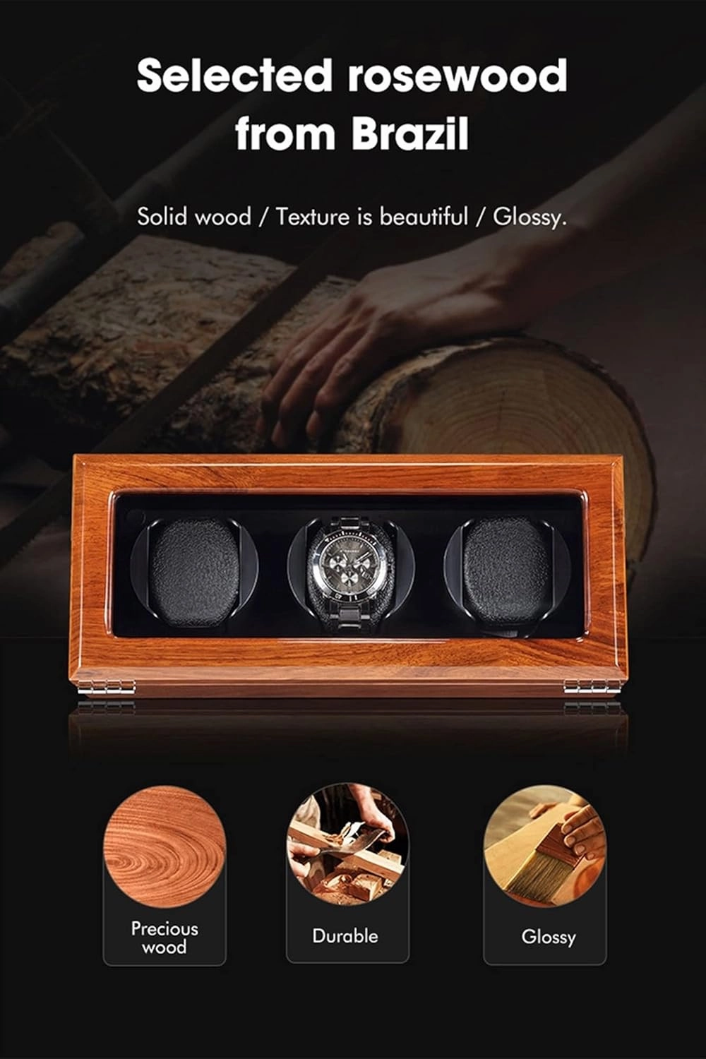 Wood Watch Winder for 3 Automatic Watches with Three Dimensional Watch Pillows Suitable for Wrist from 28 to 50mm (Black 3 0)