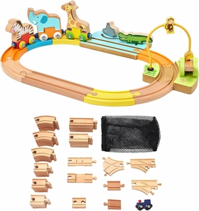 Wooden Animal Train Set 16Pcs & Wooden Train Tracks 53Pcs Toys