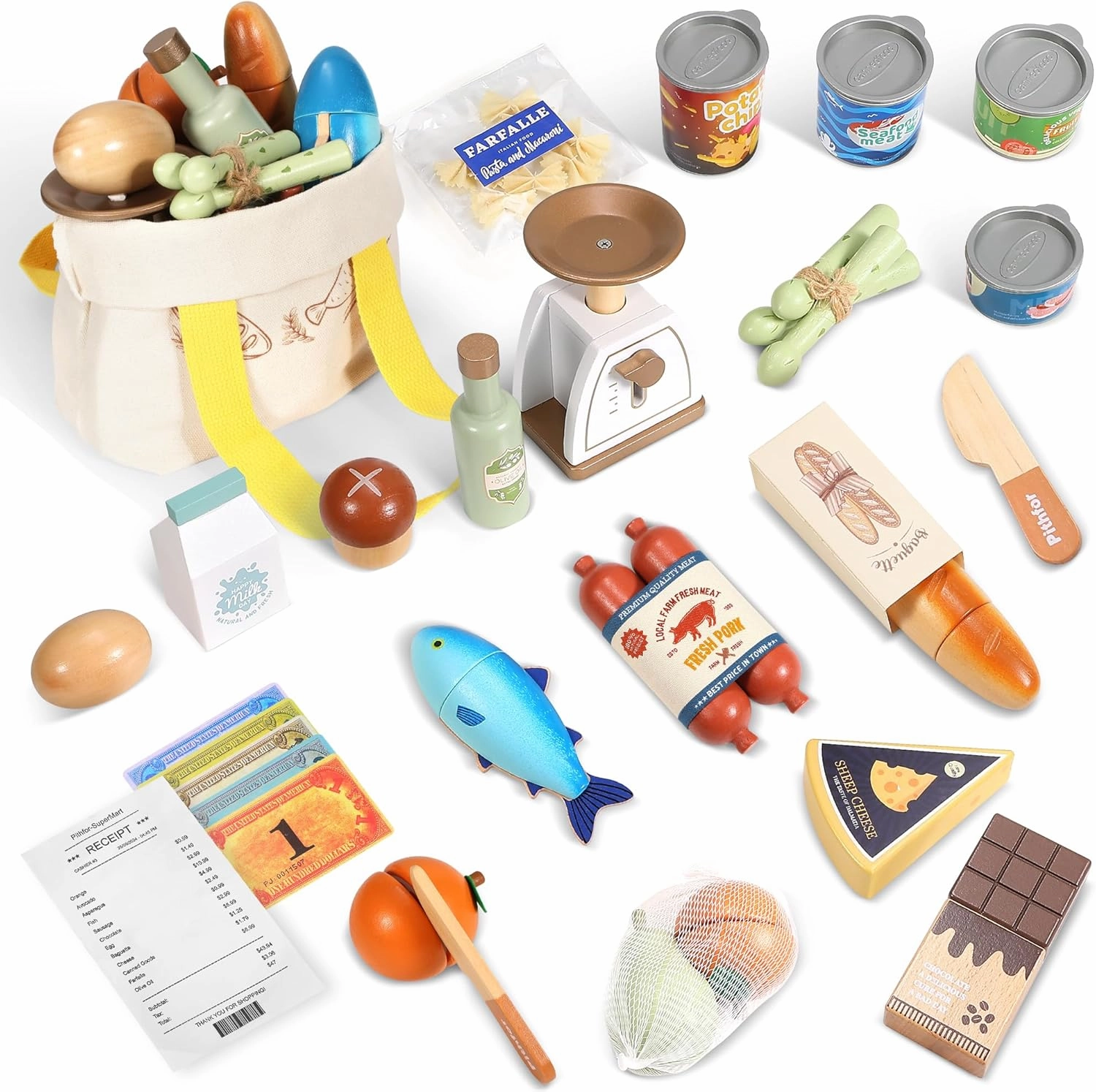 Wooden Play Food Set for Kids Toddlers, Grocery Store Pretend Play Food, Pretend Grocery Shopping & Play Kitchen Accessories for Boys Girls