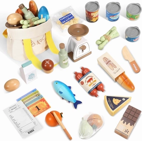 Wooden Play Food Set for Kids Toddlers, Grocery Store Pretend Play Food, Pretend Grocery Shopping & Play Kitchen Accessories for Boys Girls