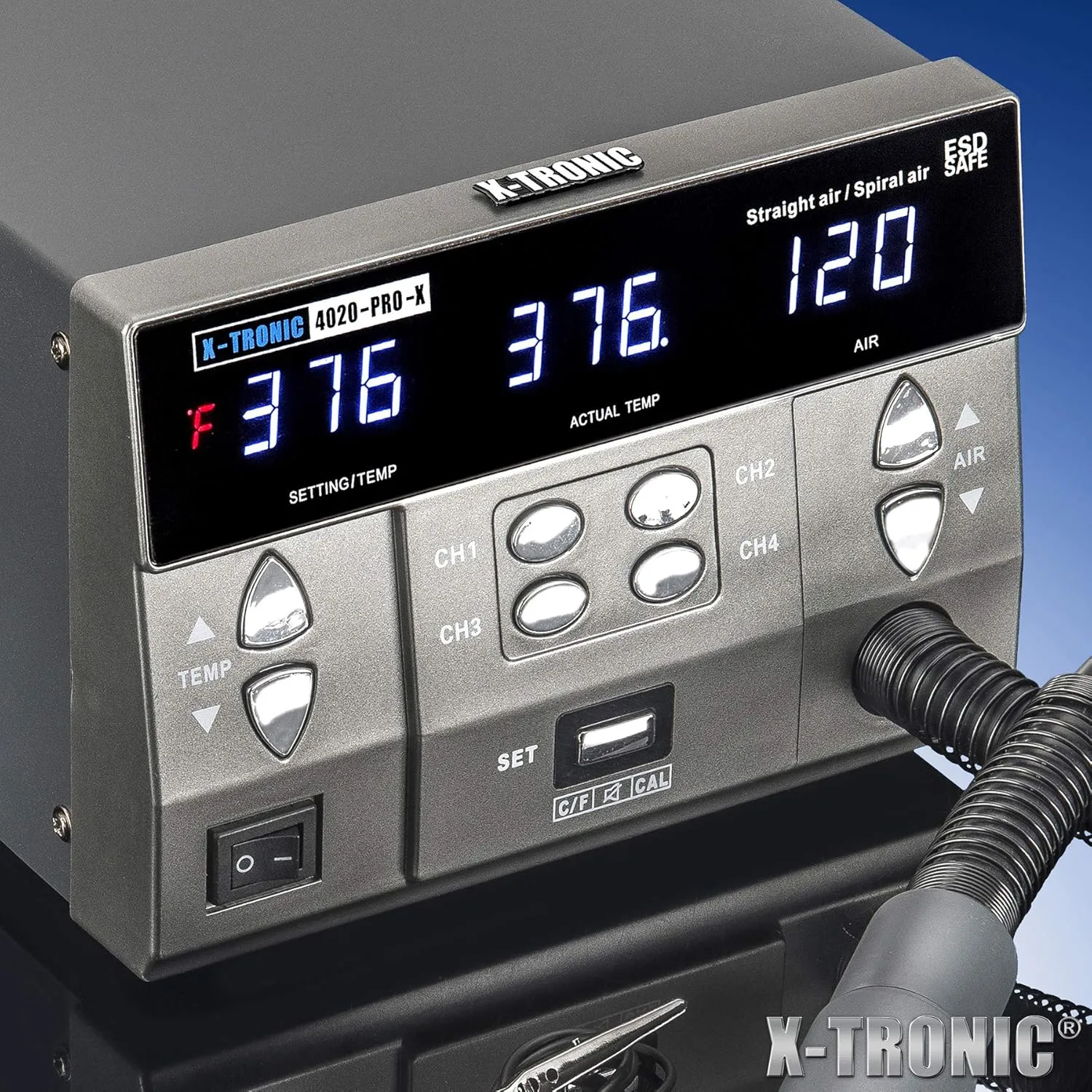 X-Tronic 4020-PRO-X • Hot Air Rework Station • 1000 Watt • Brushless DC Vortex Blower • Quick Change Nozzle Holder • 4 Presets • Temp Calibration, C/F, Auto Cool Down • 3 Straight/2 Spiral Nozzles!