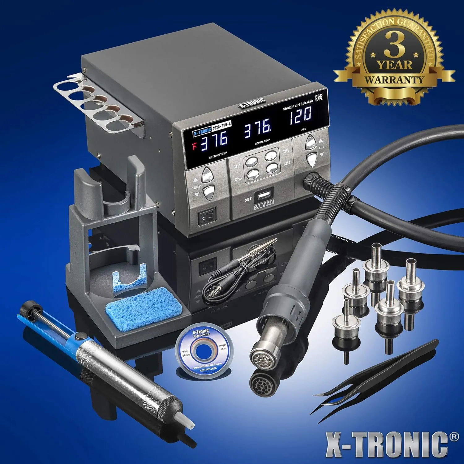 X-Tronic 4020-PRO-X • Hot Air Rework Station • 1000 Watt • Brushless DC Vortex Blower • Quick Change Nozzle Holder • 4 Presets • Temp Calibration, C/F, Auto Cool Down • 3 Straight/2 Spiral Nozzles!