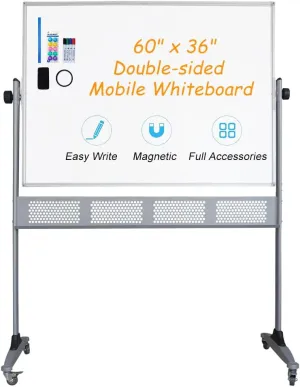 Xiwode Movable Double-Sided Magnetic Whiteboard with Wheels, Upgraded Durable Type of Mesh Bracket, Whiteboard Dimension 60×36,Can be Flipped, Written and Display, Suitable for Office and Classroom