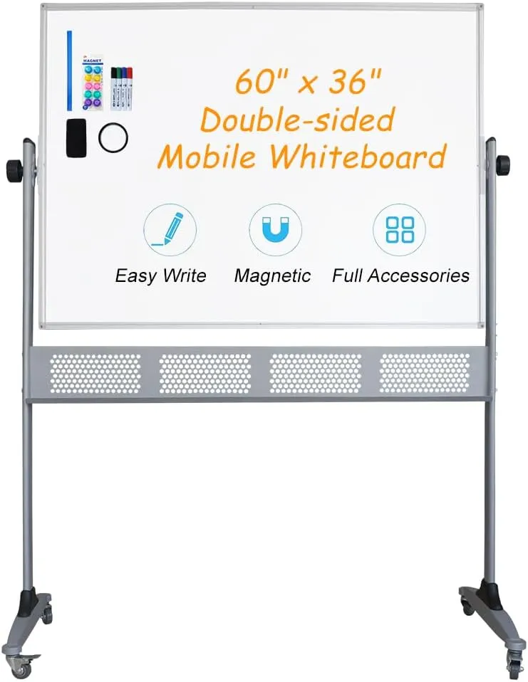 Xiwode Movable Double-Sided Magnetic Whiteboard with Wheels, Upgraded Durable Type of Mesh Bracket, Whiteboard Dimension 60×36,Can be Flipped, Written and Display, Suitable for Office and Classroom